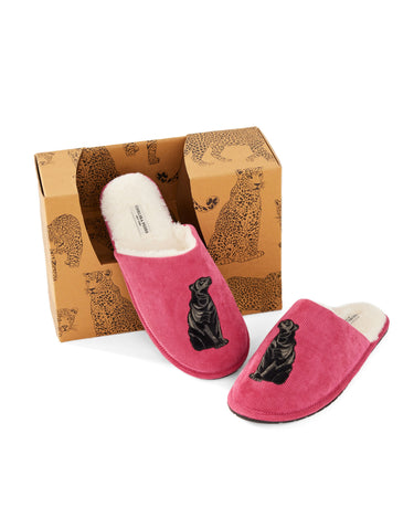 Unisex Embroidered Hot Pink Jaguar Print Corduroy Dome Slippers